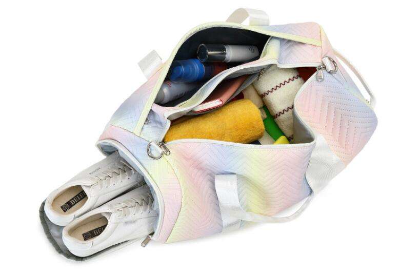 Bolsas de viagem esportivas de couro holográfico dobráveis ​​com compartimento para sapatos bolso molhado seco para mulheres