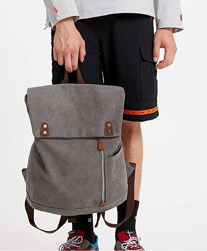 Mochila masculina de lona vintage personalizada para viagem escolar para acampamento caminhada cinza